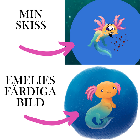 Bild på hur Axis såg ut i råmanus mot den färdiga illustrationen. En barnanpassad skadad axolotl utan blod.
