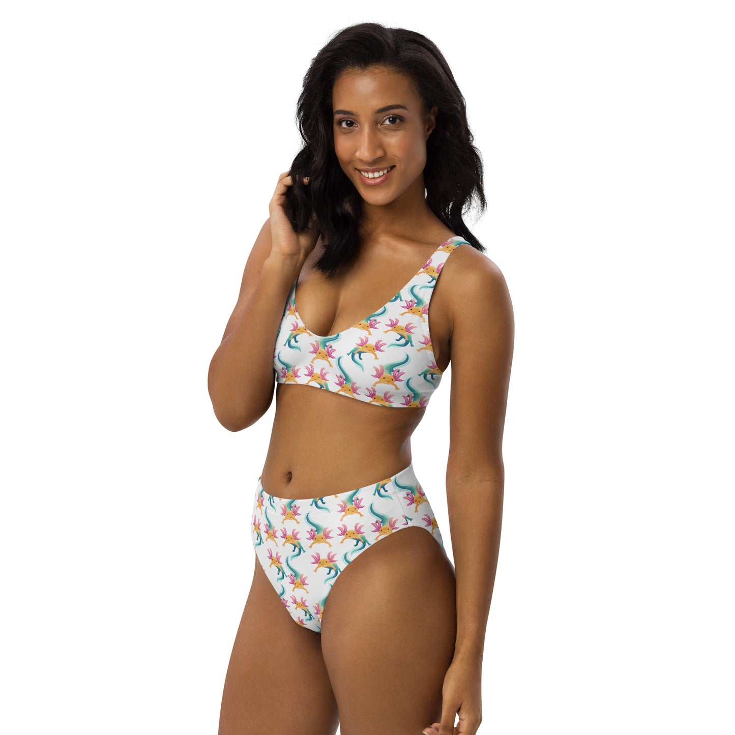 Bikini med hög midja i återvunnet material. Vit med axolotlen Axis tryck. Storlek XS-3XL