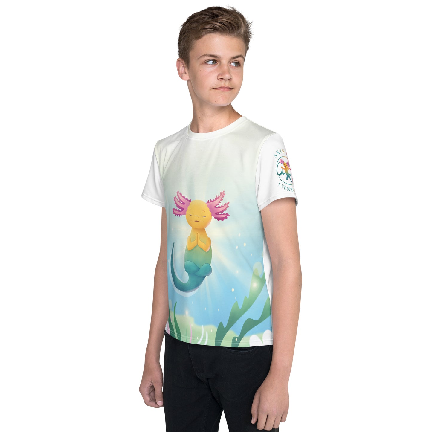 "Axis blir lugn" T-shirt för barn/ungdom 8-18år, med helt tryck på framsidan samt rundad hals, vit rygg och ärm.
