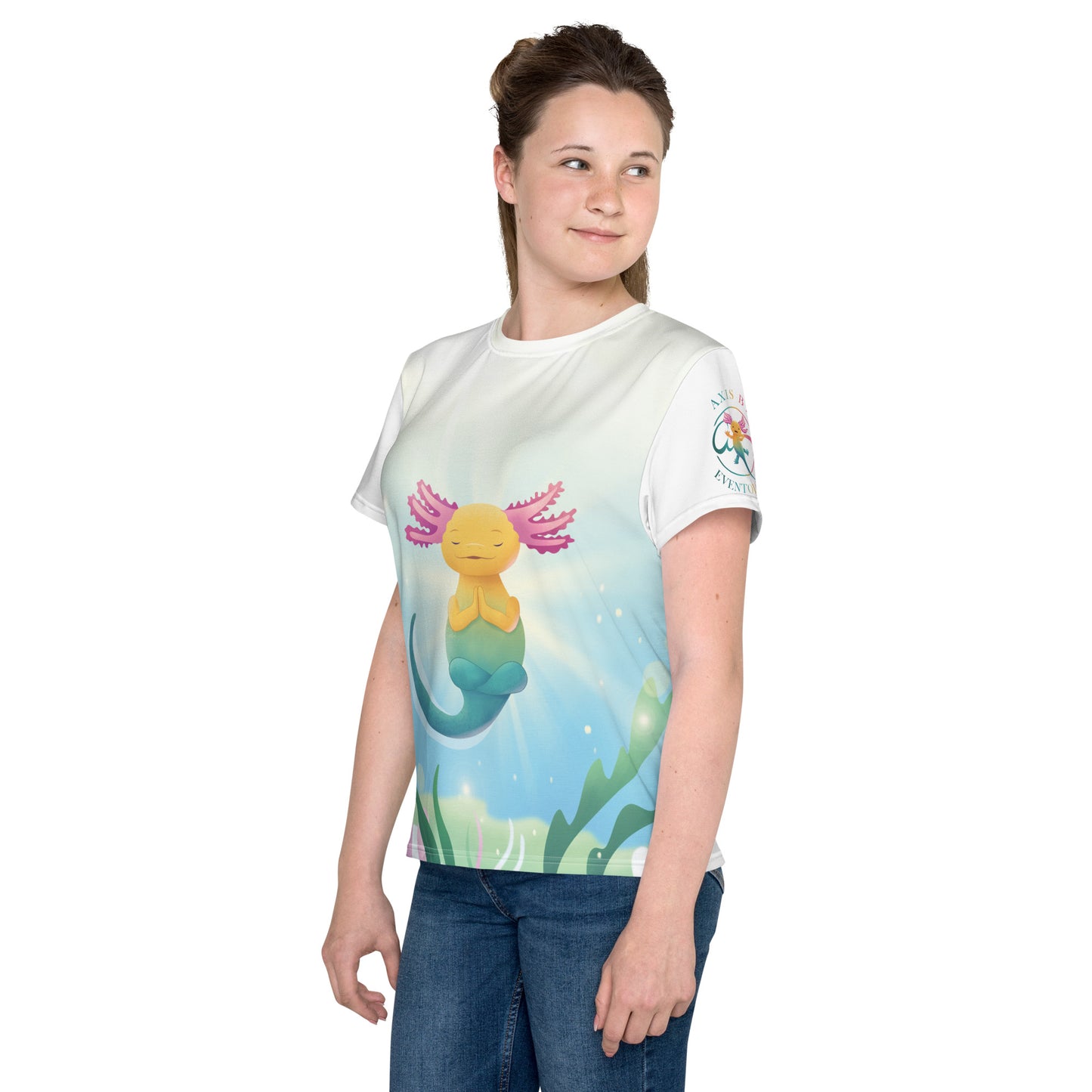 "Axis blir lugn" T-shirt för barn/ungdom 8-18år, med helt tryck på framsidan samt rundad hals, vit rygg och ärm.