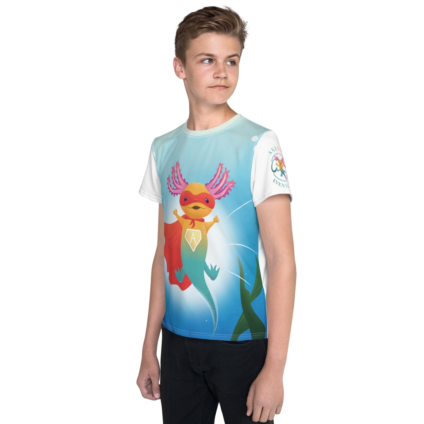 "SuperAxis" T-shirt för barn/ungdom 8-18 år, med helt tryck på framsidan samt rundad hals, vit rygg och ärm.