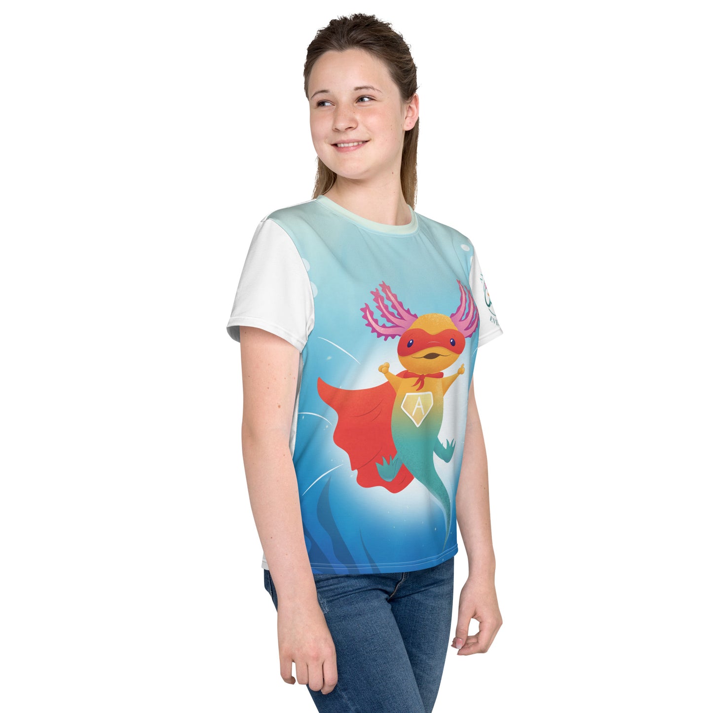 "SuperAxis" T-shirt för barn/ungdom 8-18 år, med helt tryck på framsidan samt rundad hals, vit rygg och ärm.
