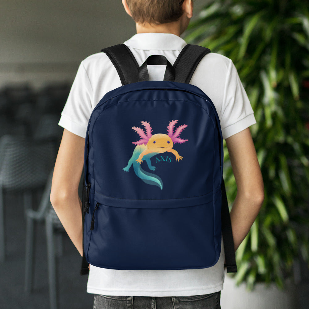 Blå ryggsäck med axolotlen Axis tryckt på.