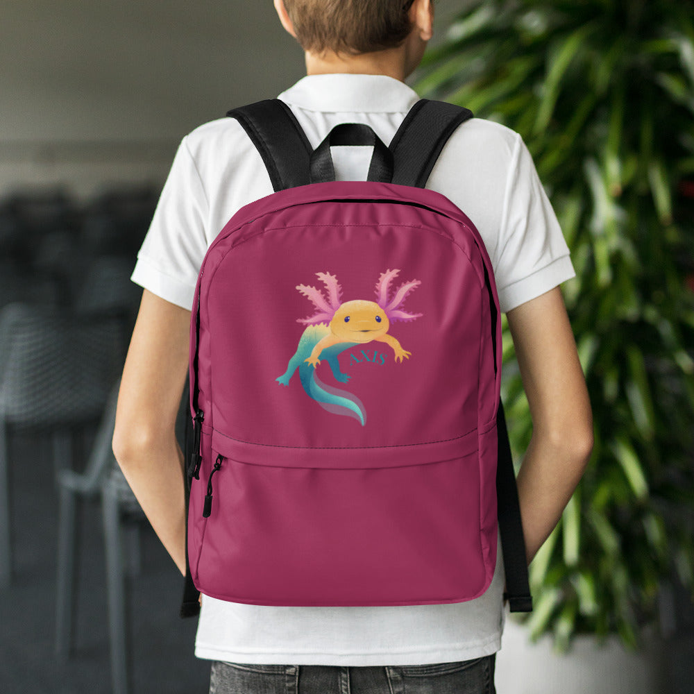 Gammelrosa ryggsäck med axolotlen Axis tryckt på.