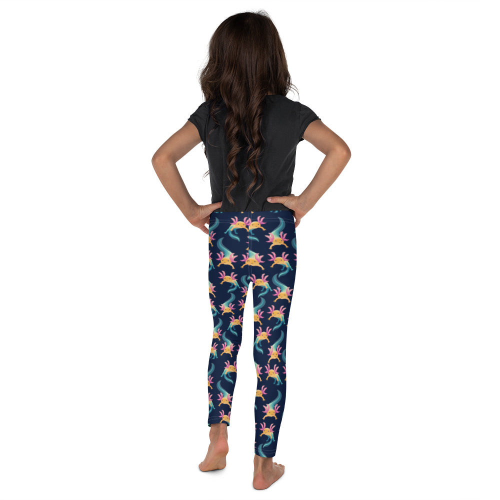 Unisex Leggings för barn stl 92-128. Blå botten och multitryck med axolotlen Axis.