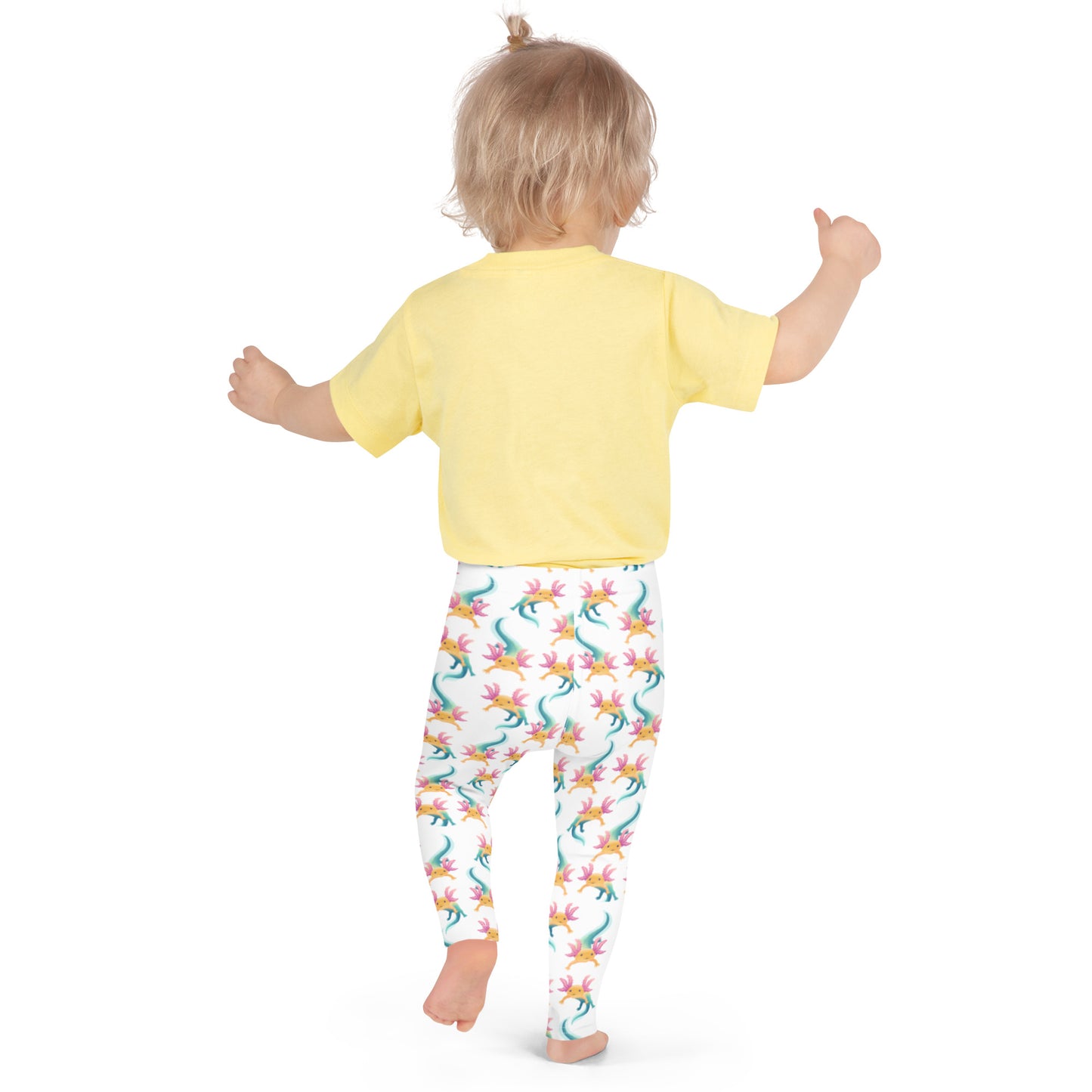 Unisex Leggings för barn stl 92-128. Vit bottenfärg och multi tryck med axolotlen Axis.