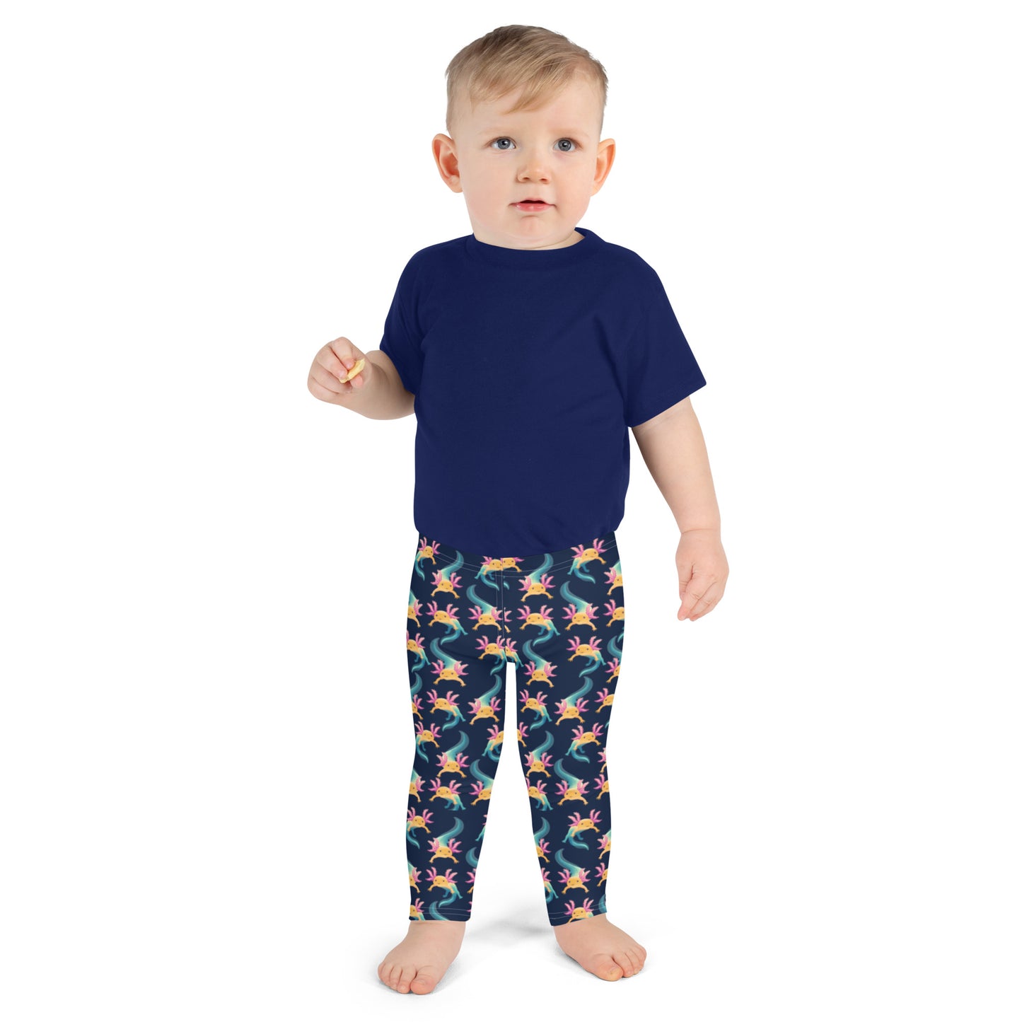 Unisex Leggings för barn stl 92-128. Blå botten och multitryck med axolotlen Axis.