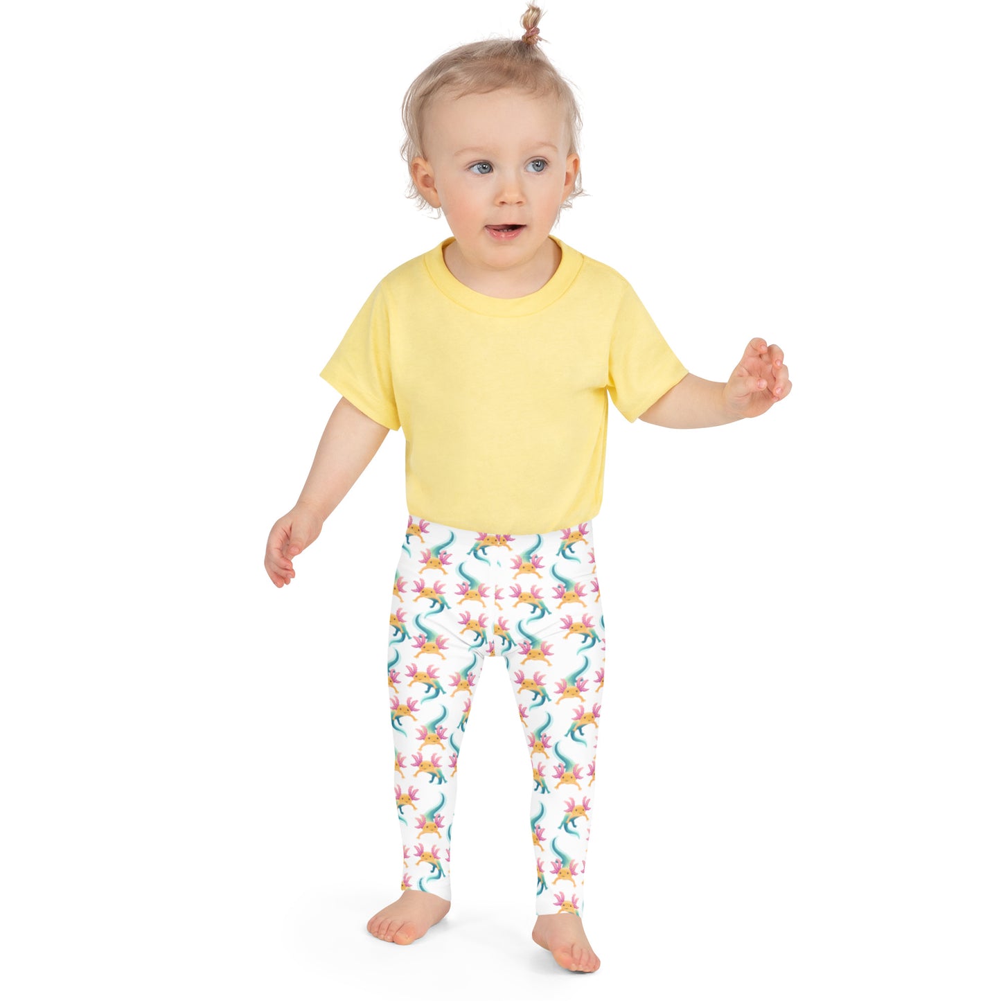 Unisex Leggings för barn stl 92-128. Vit bottenfärg och multi tryck med axolotlen Axis.
