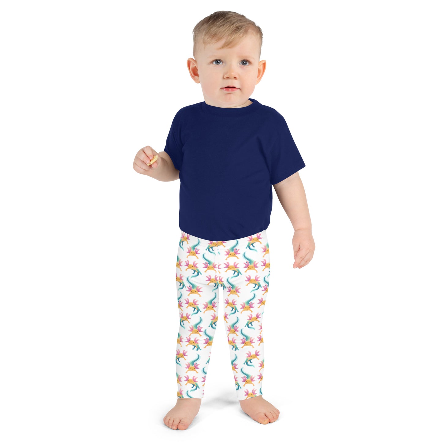 Unisex Leggings för barn stl 92-128. Vit bottenfärg och multi tryck med axolotlen Axis.