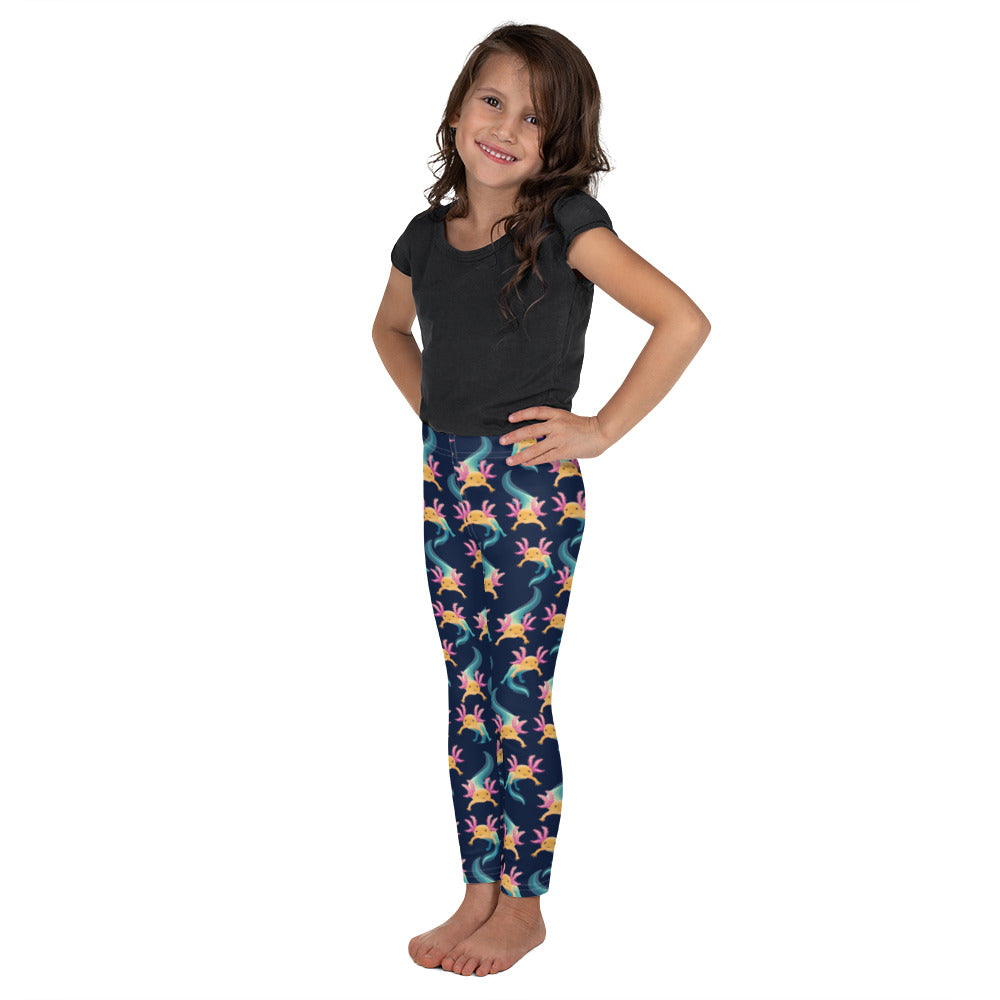 Unisex Leggings för barn stl 92-128. Blå botten och multitryck med axolotlen Axis.