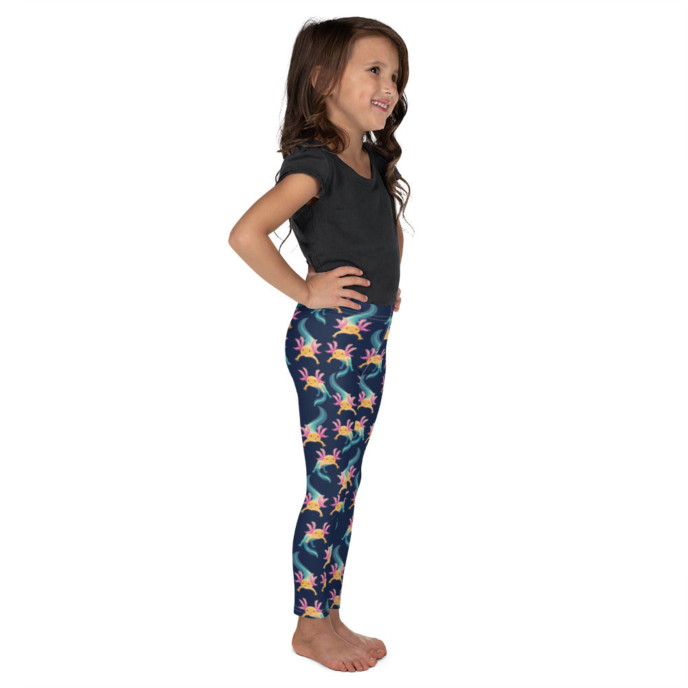 Unisex Leggings för barn stl 92-128. Blå botten och multitryck med axolotlen Axis.