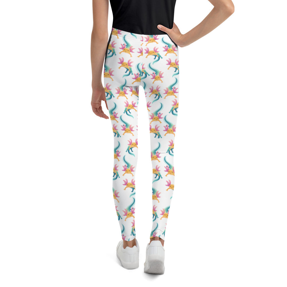 Unisex Leggings för barn el ungdom stl 134-170. Vit botten och multi tryck med axolotlen Axis.