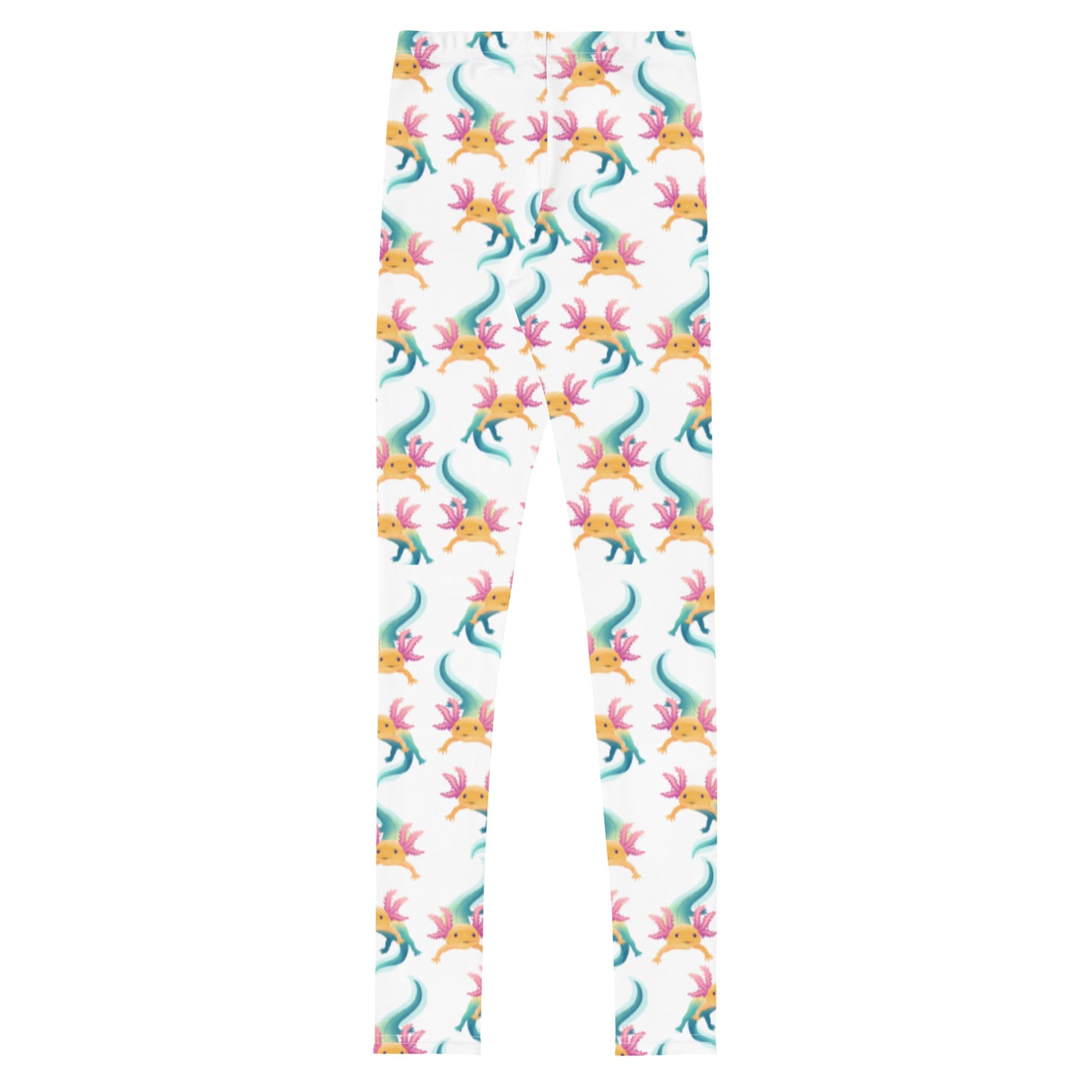 Unisex Leggings för barn el ungdom stl 134-170. Vit botten och multi tryck med axolotlen Axis.