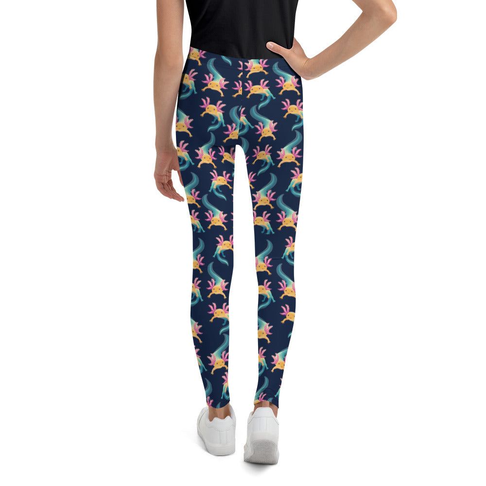 Unisex Leggings för barn el ungdom stl 134-170. Blå botten och multi tryck med axolotlen Axis.