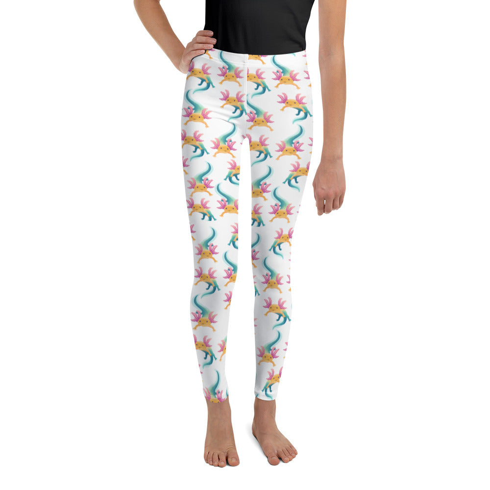 Unisex Leggings för barn el ungdom stl 134-170. Vit botten och multi tryck med axolotlen Axis.