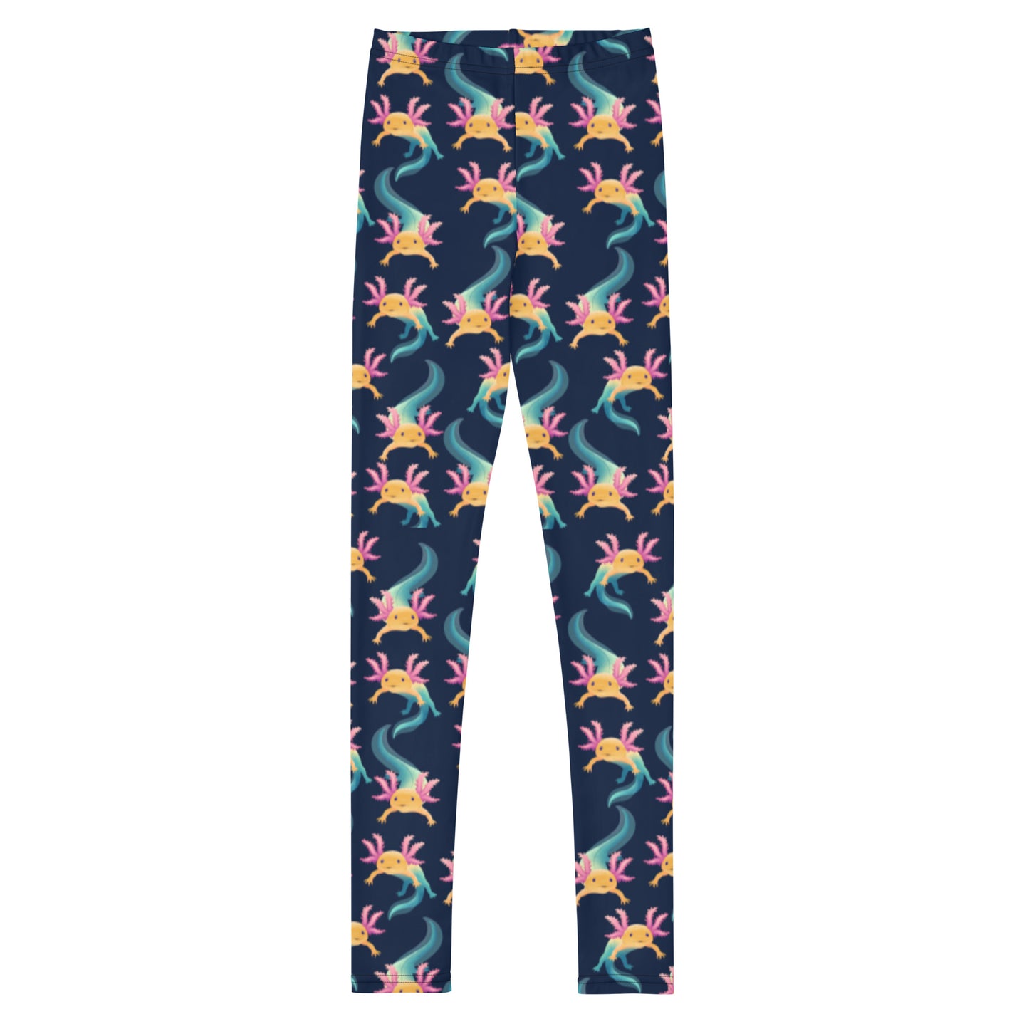 Unisex Leggings för barn el ungdom stl 134-170. Blå botten och multi tryck med axolotlen Axis.