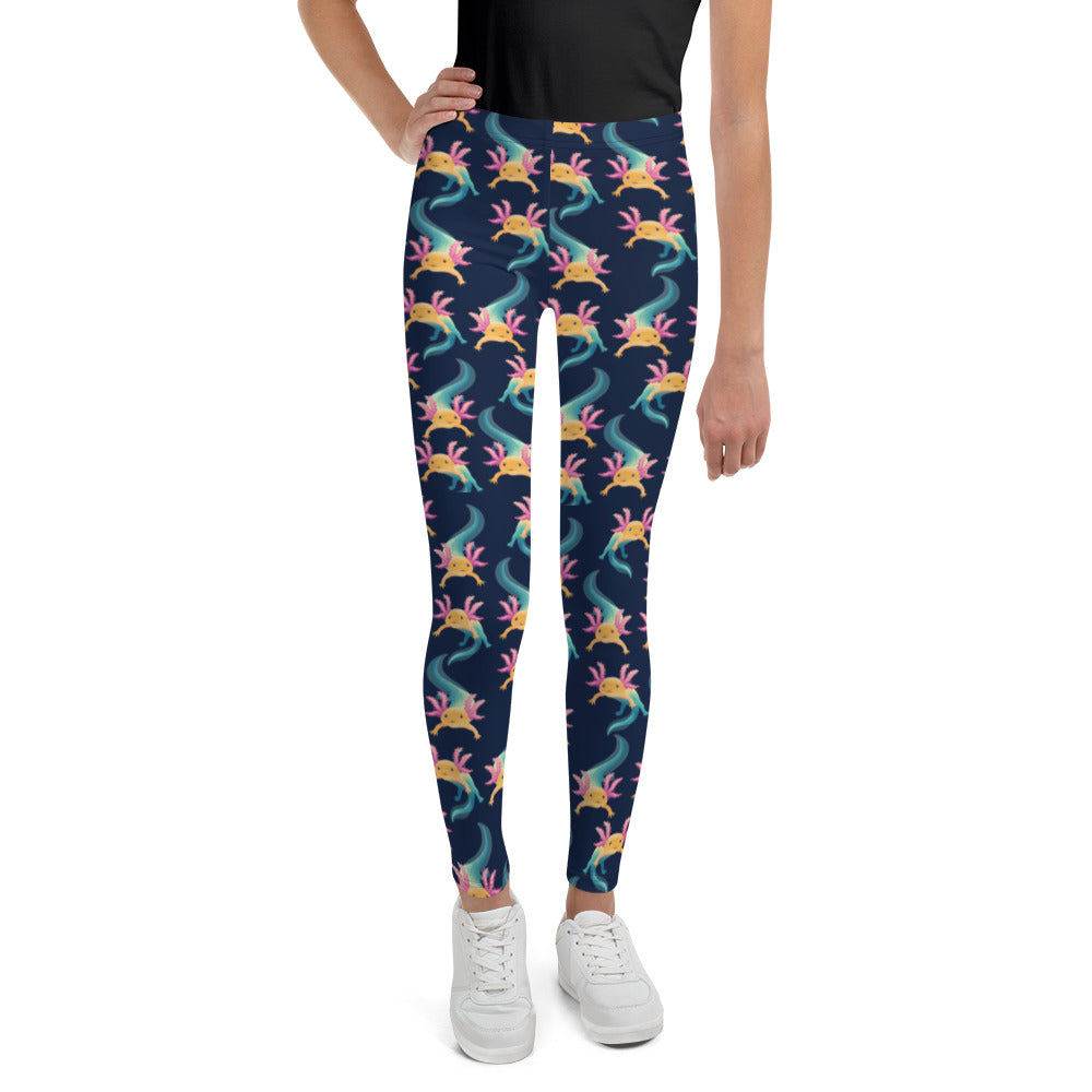 Unisex Leggings för barn el ungdom stl 134-170. Blå botten och multi tryck med axolotlen Axis.