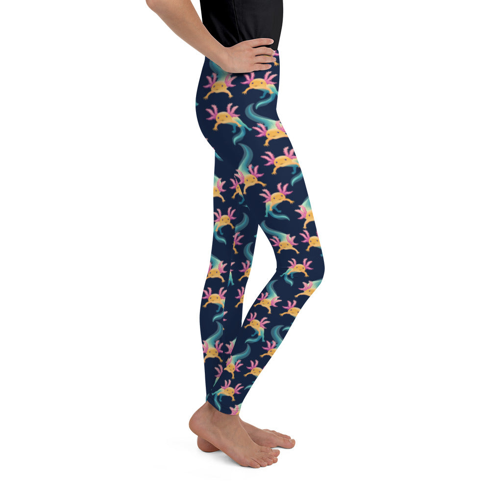 Unisex Leggings för barn el ungdom stl 134-170. Blå botten och multi tryck med axolotlen Axis.