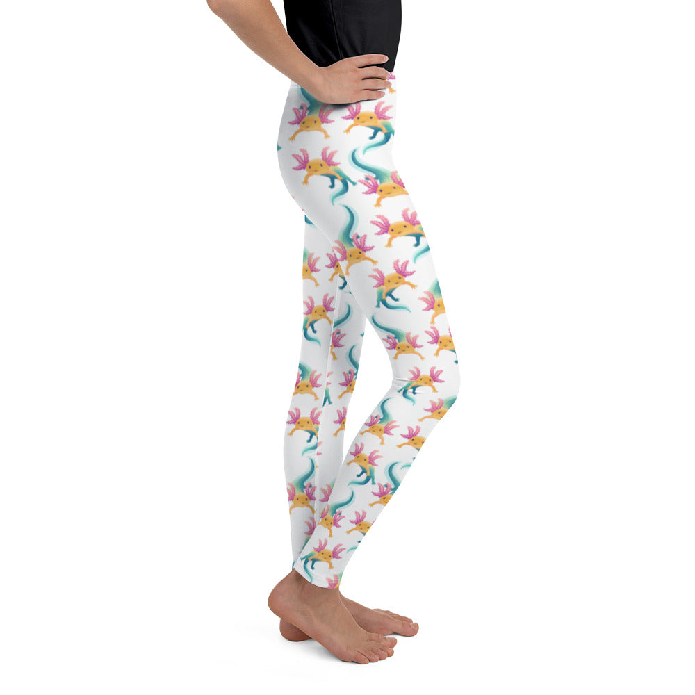 Unisex Leggings för barn el ungdom stl 134-170. Vit botten och multi tryck med axolotlen Axis.