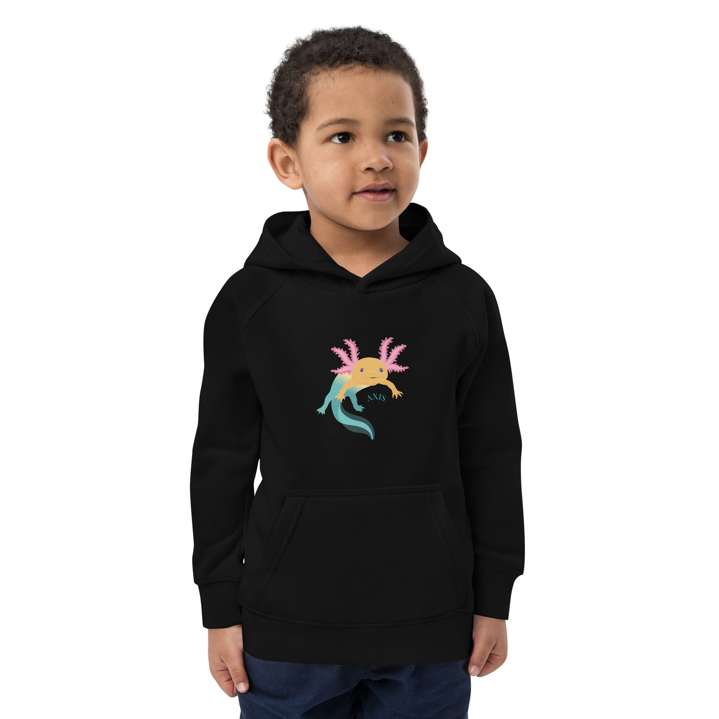 Svart barntröja med tryck. Hoodie i ekologisk bomull, med axolotlen Axis på bröstet..