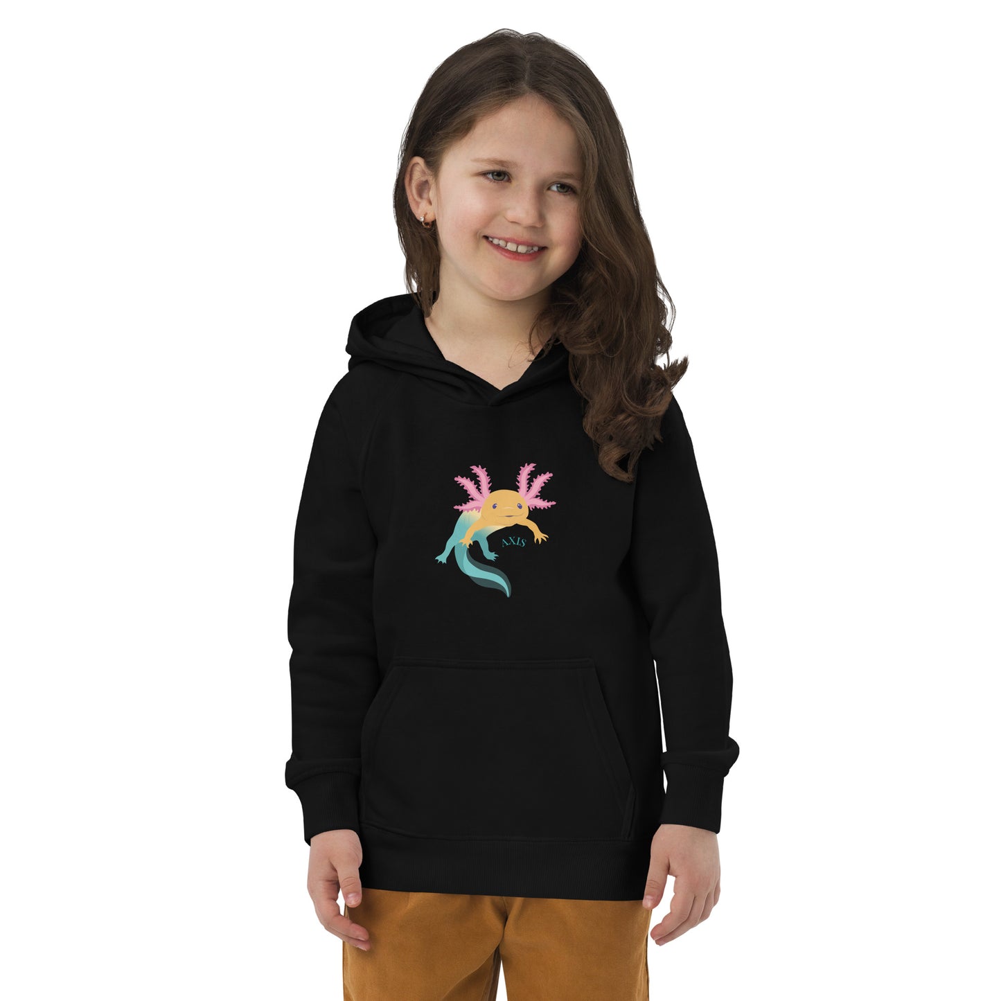 Svart barntröja med tryck. Hoodie i ekologisk bomull, med axolotlen Axis på bröstet..