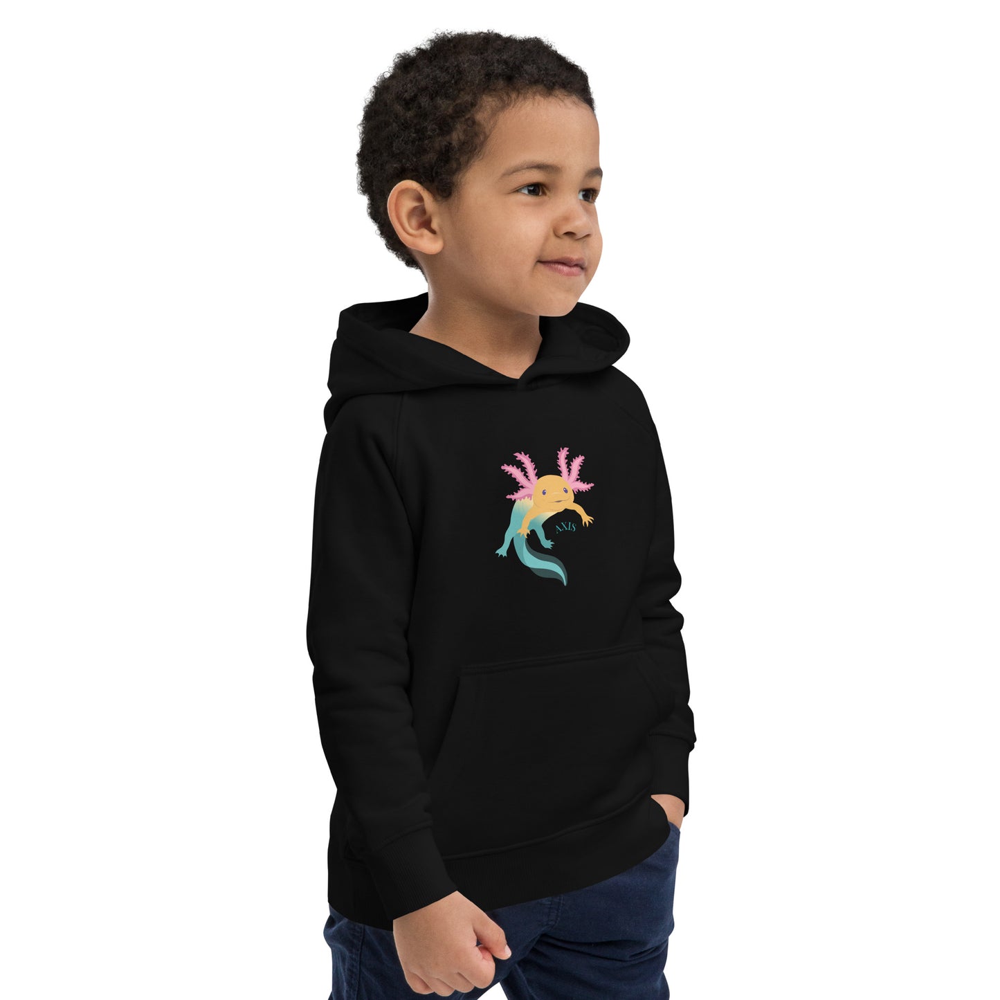 Svart barntröja med tryck. Hoodie i ekologisk bomull, med axolotlen Axis på bröstet..