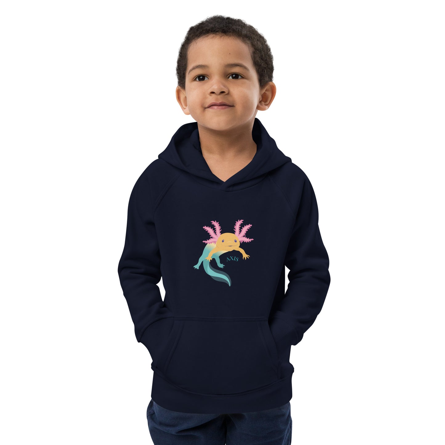 Marinblå barntröja med tryck. Hoodie i ekologisk bomull, med axolotlen Axis på bröstet.