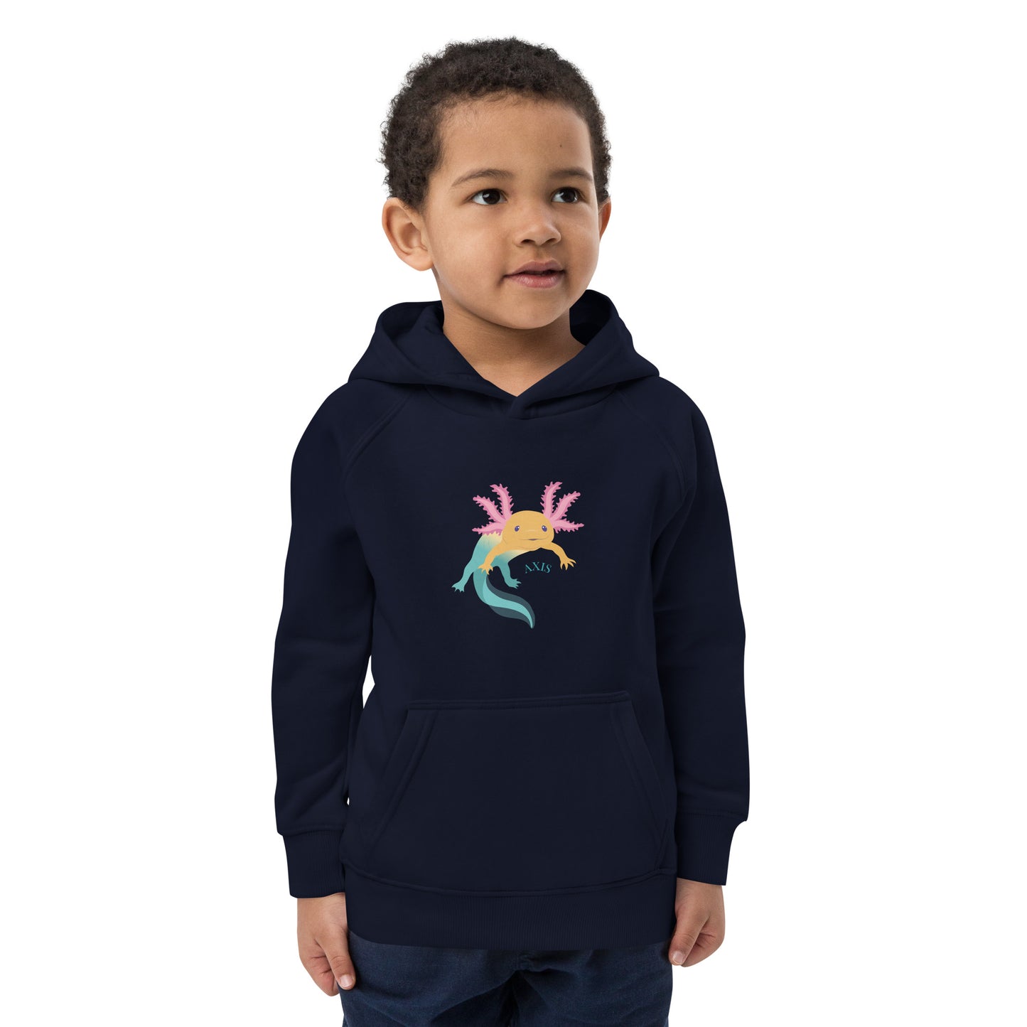 Marinblå barntröja med tryck. Hoodie i ekologisk bomull, med axolotlen Axis på bröstet.