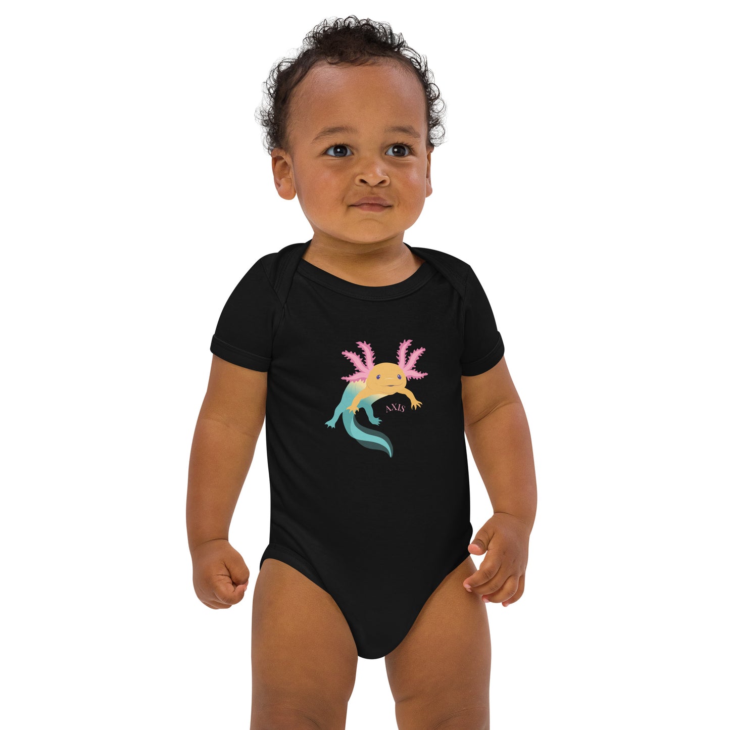 Ekologisk bomull babybody, svart med axolotlen Axis tryck på.