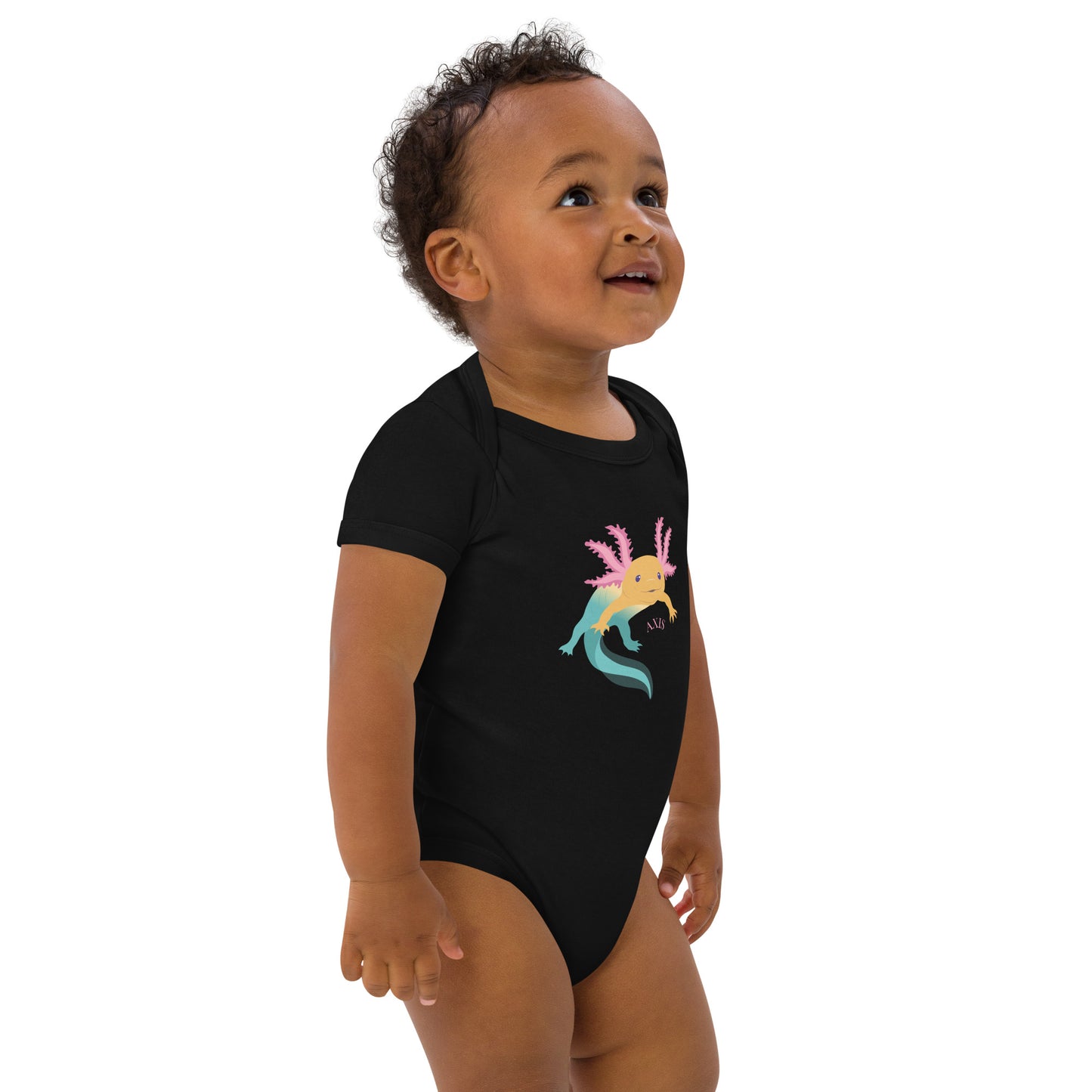 Ekologisk bomull babybody, svart med axolotlen Axis tryck på.