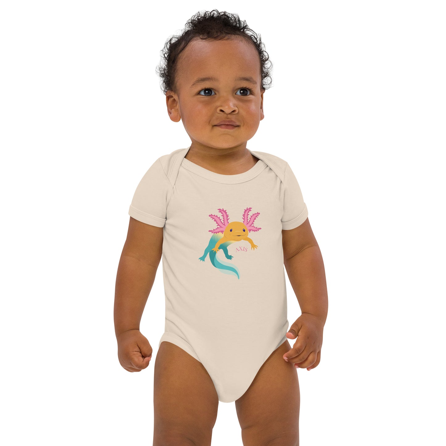 Ekologisk bomull babybody, naturfärgad med axolotlen Axis tryck på.