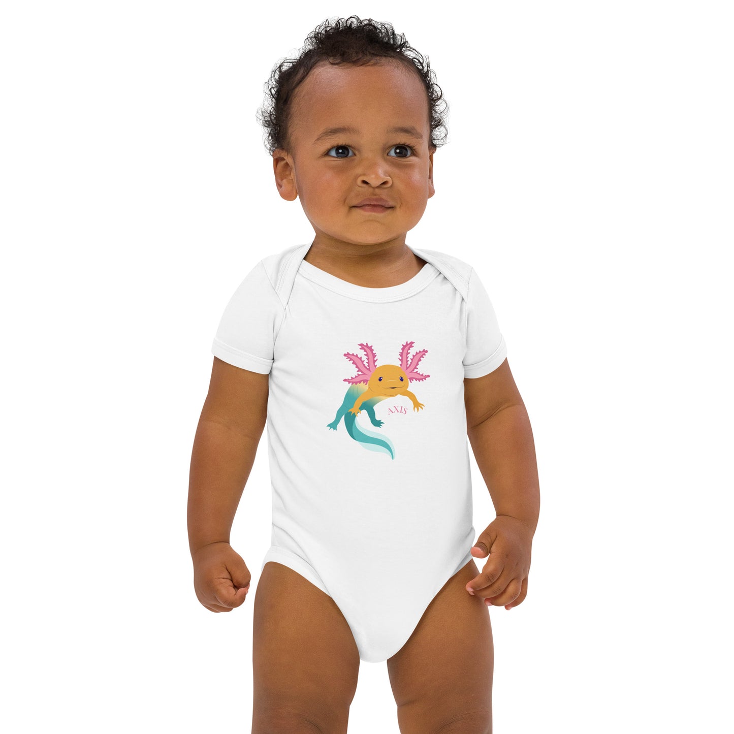 Ekologisk bomull babybody, vit med axolotlen Axis tryck på.