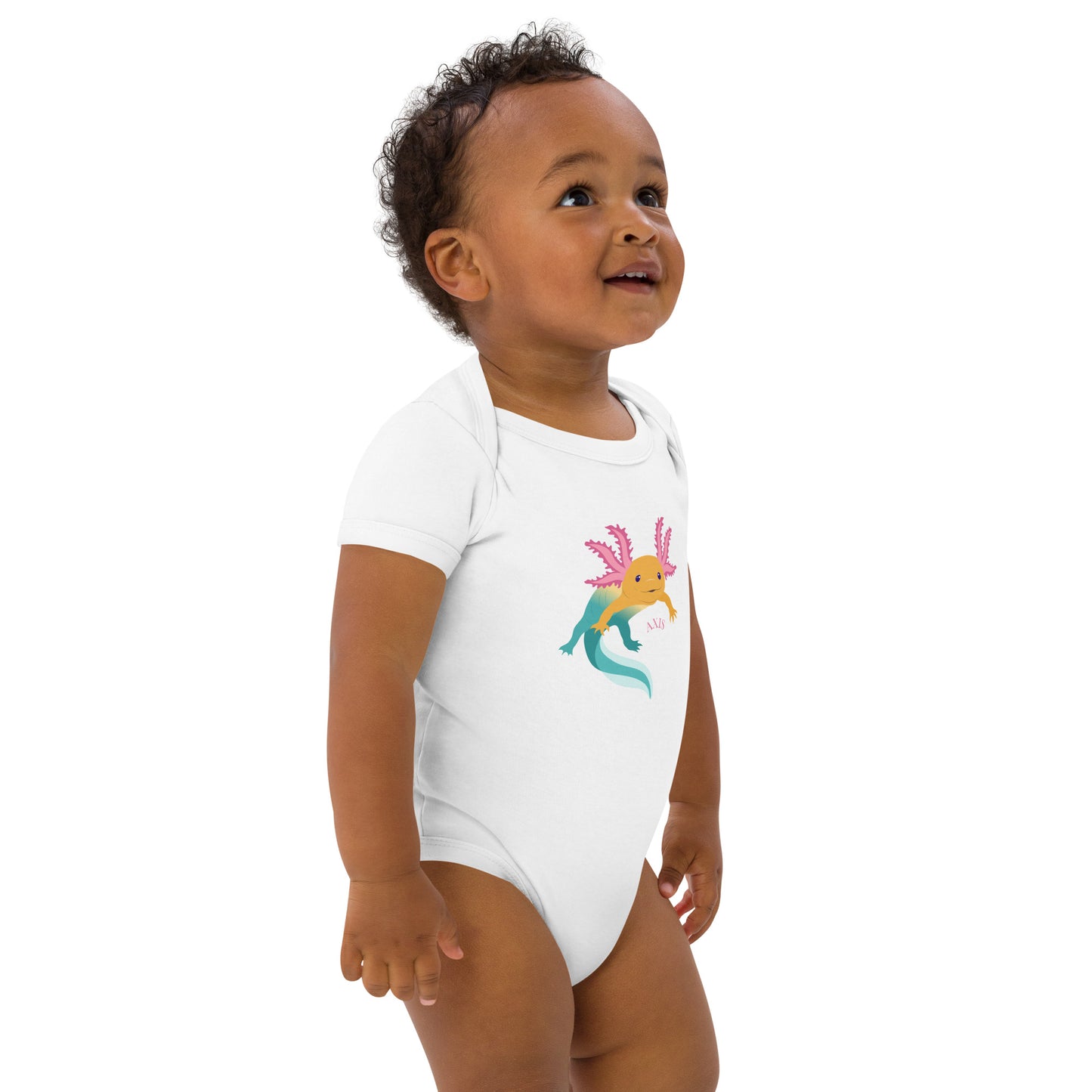 Ekologisk bomull babybody, vit med axolotlen Axis tryck på.