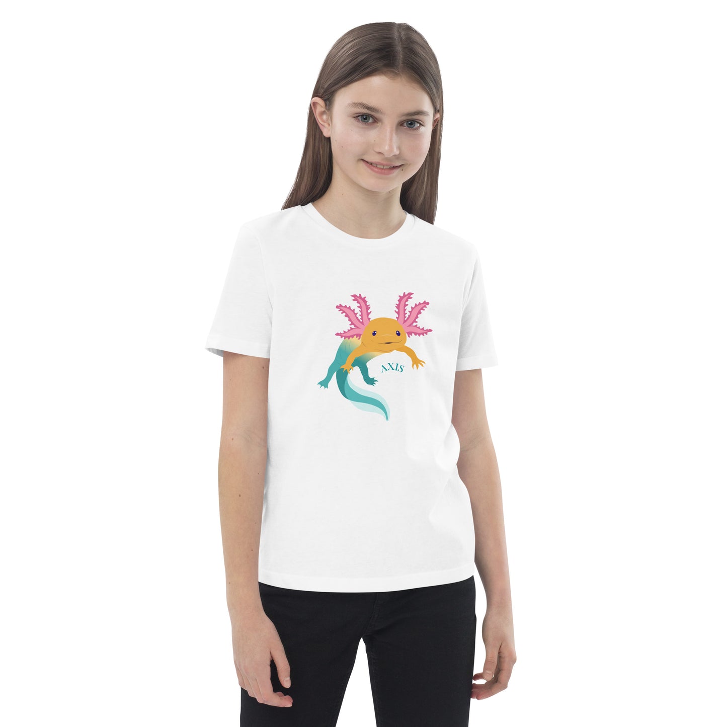 Barn T-shirt i färgen vit. Ekologisk bomull och tryck med axolotlen Axis.