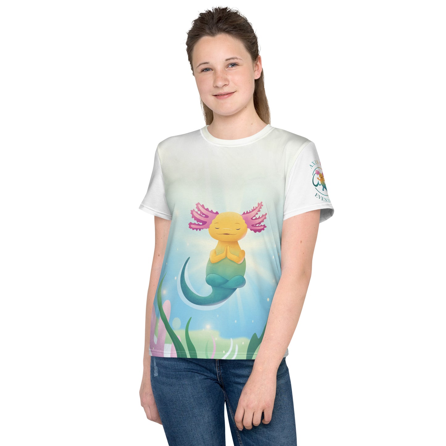 "Axis blir lugn" T-shirt för barn/ungdom 8-18år, med helt tryck på framsidan samt rundad hals, vit rygg och ärm.