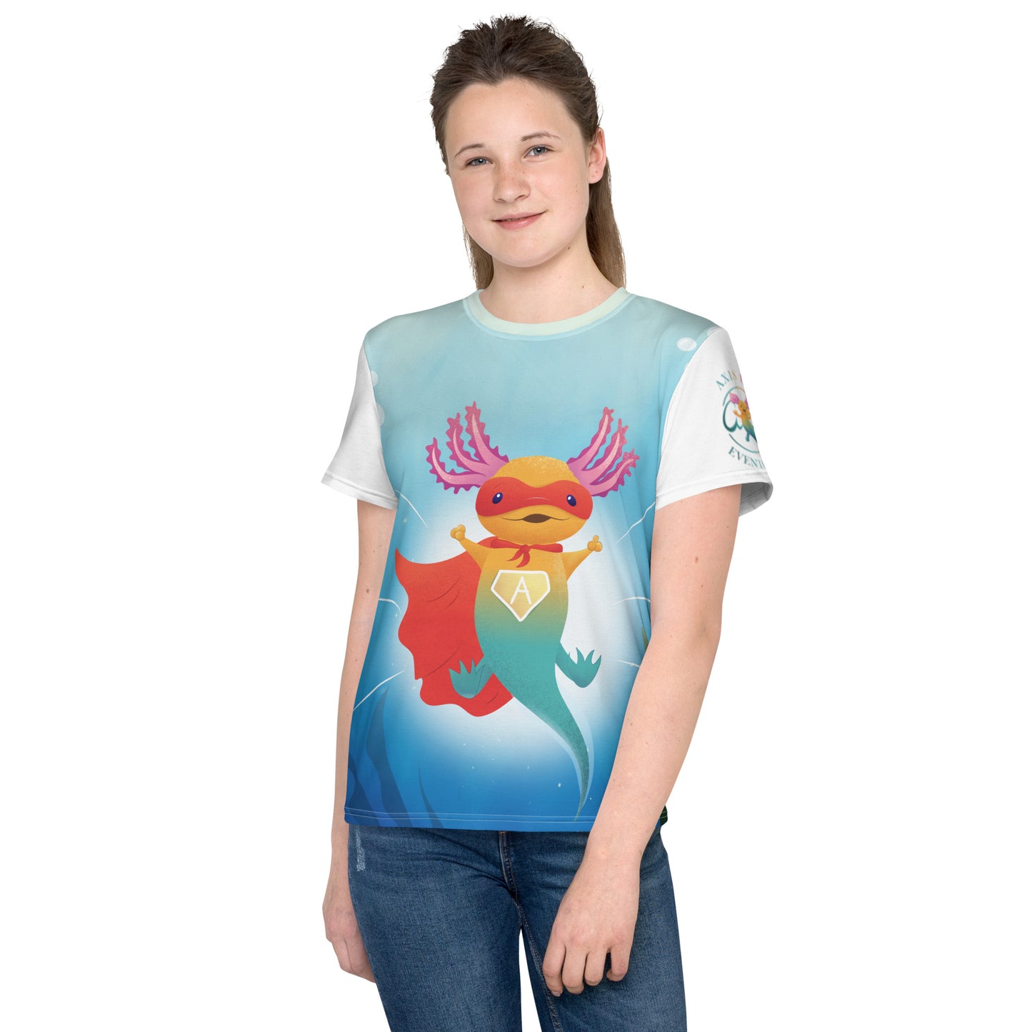 "SuperAxis" T-shirt för barn/ungdom 8-18 år, med helt tryck på framsidan samt rundad hals, vit rygg och ärm.