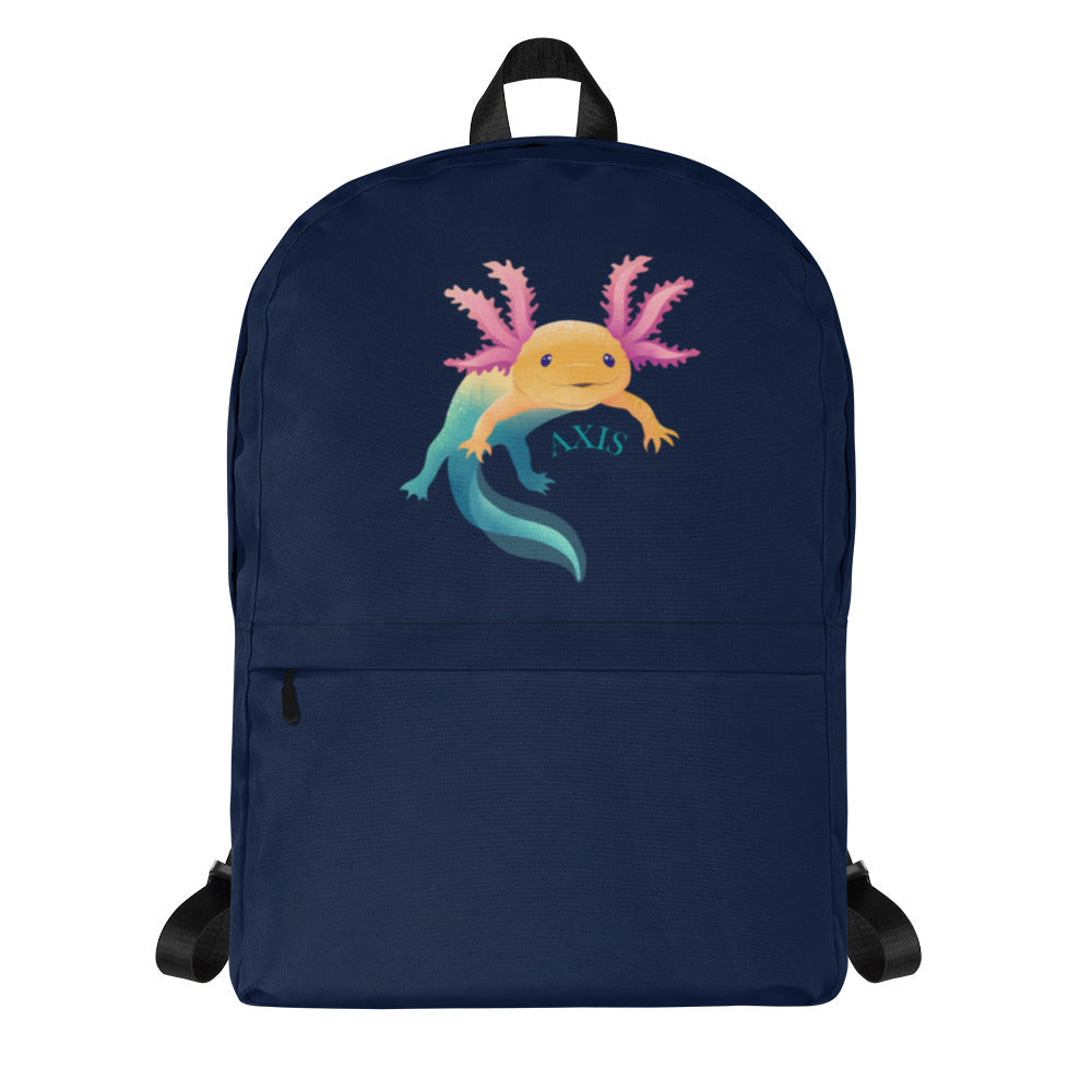 Blå ryggsäck med axolotlen Axis tryckt på.