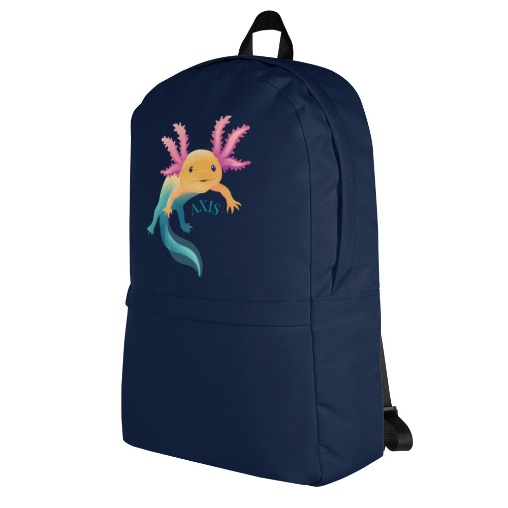 Blå ryggsäck med axolotlen Axis tryckt på.