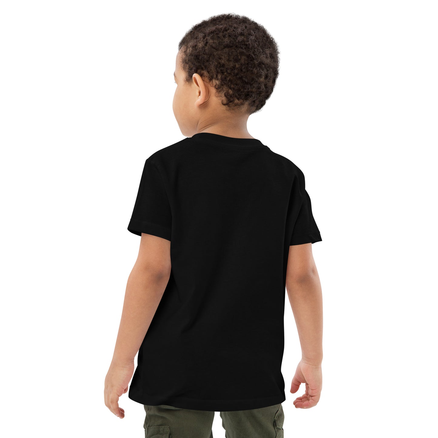 Baksida av barn T-shirt i färgen svart. Ekologisk bomull och tryck med axolotlen Axis i bottenmiljö.