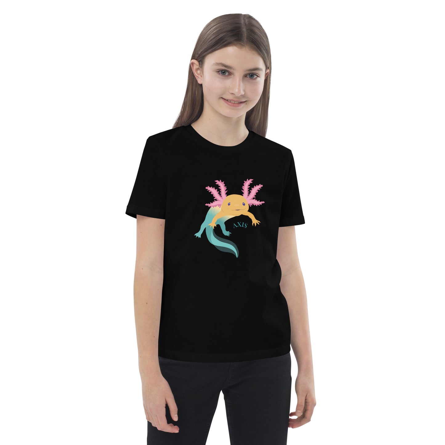 Barn T-shirt i färgen svart. Ekologisk bomull och tryck med axolotlen Axis.