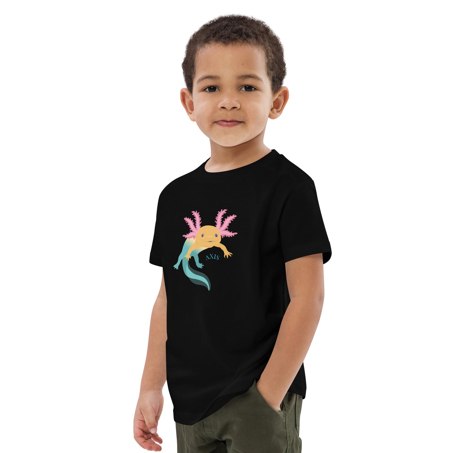 Barn T-shirt i färgen svart. Ekologisk bomull och tryck med axolotlen Axis.