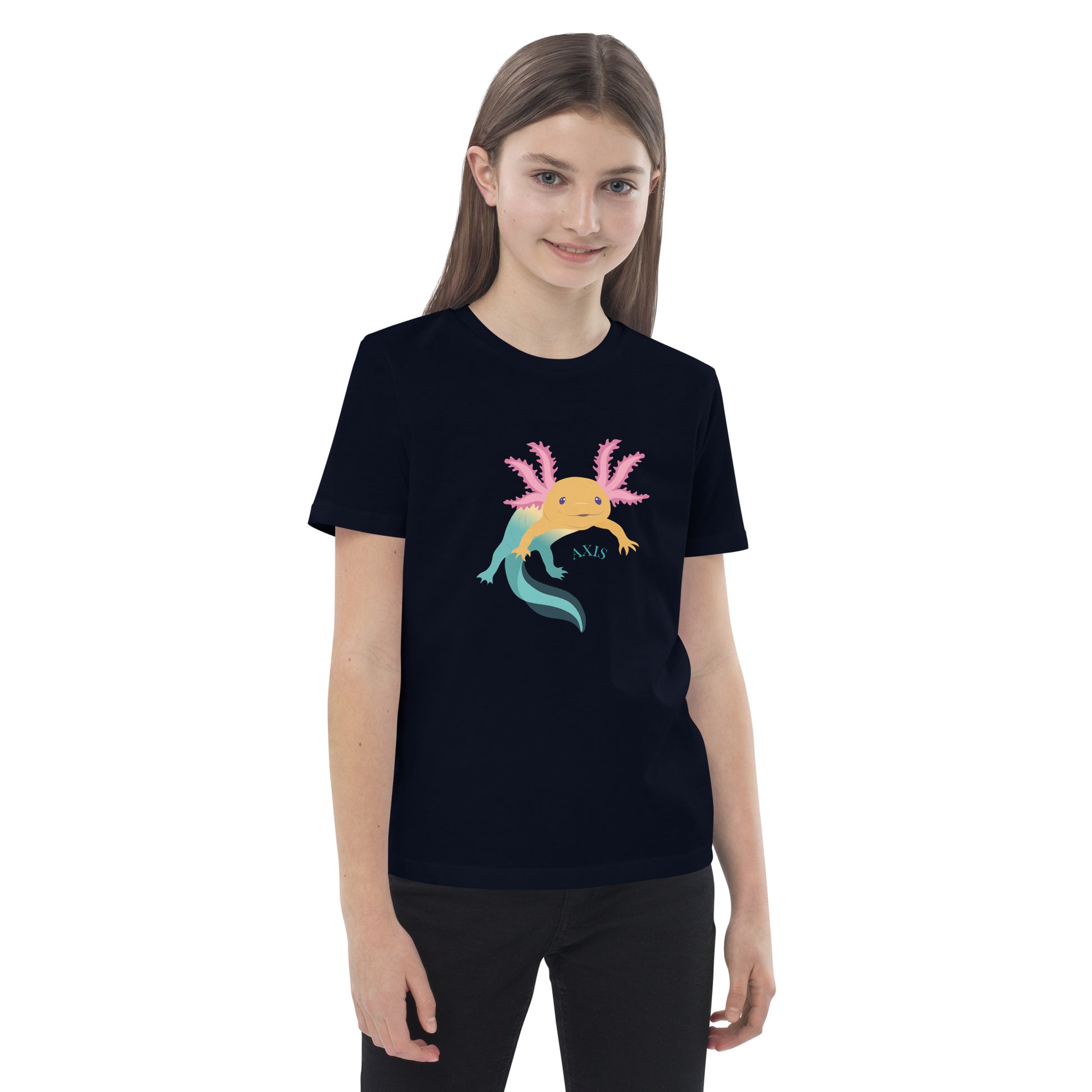 Barn T-shirt i färgen marinblå. Ekologisk bomull och tryck med axolotlen Axis.