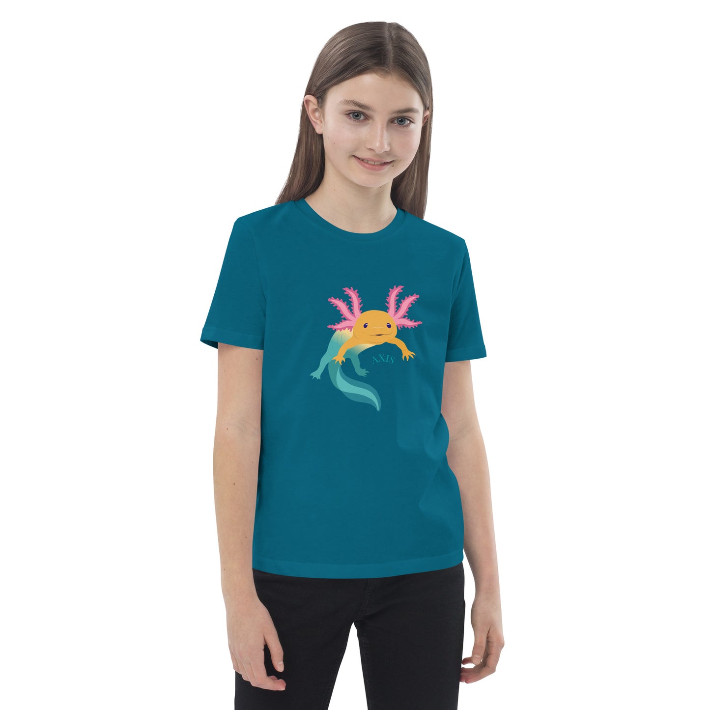 Barn T-shirt i färgen oceanblå. Ekologisk bomull och tryck med axolotlen Axis.