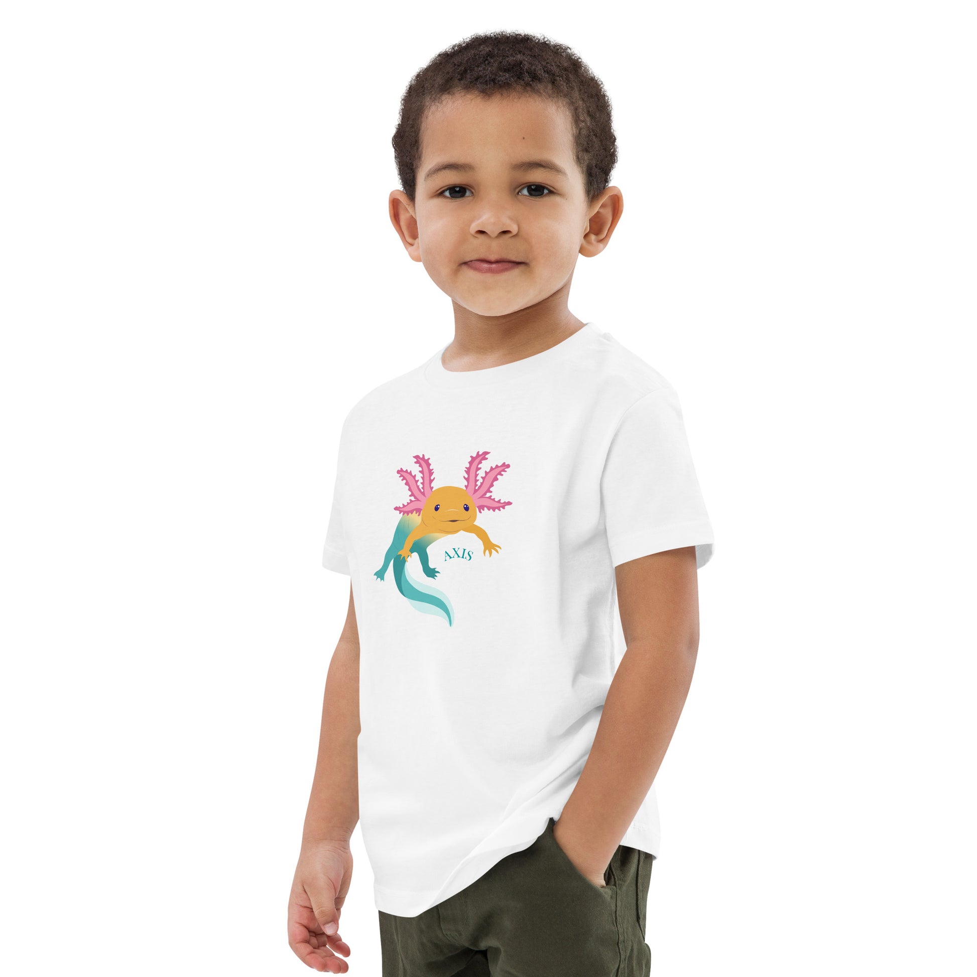 Barn T-shirt i färgen vit. Ekologisk bomull och tryck med axolotlen Axis.